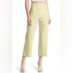 WAYF MALLY LINEN BLEND CROP TROUSERS IN AVOCADO GEO